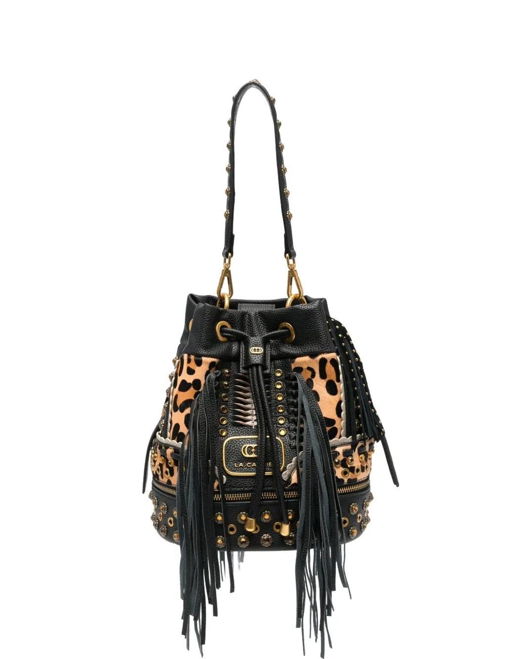 La Carrie Black Jungle Leopard-Print Studded Bucket Bag