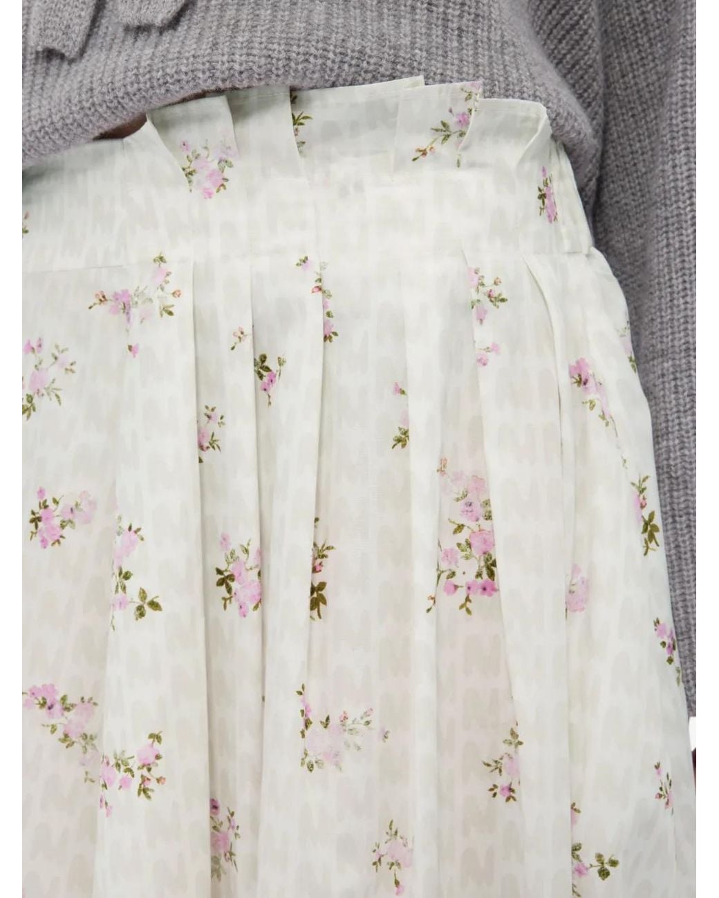 MSGM White Floral-Print Midi Pleated Skirt