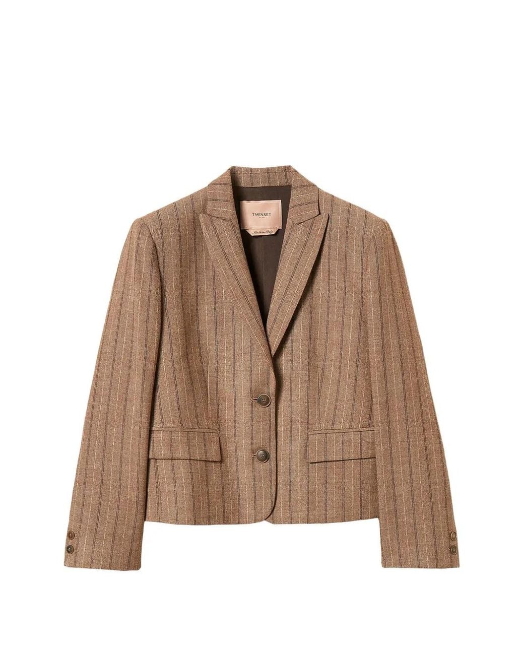 Twinset Brown Wool Blend Cropped Pinstripe Blazer