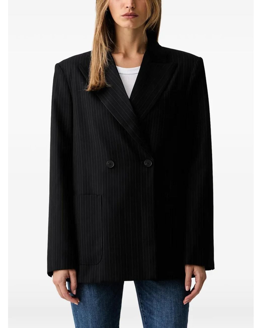 ViCOLO Black Pinstripe Double-Breasted Blazer