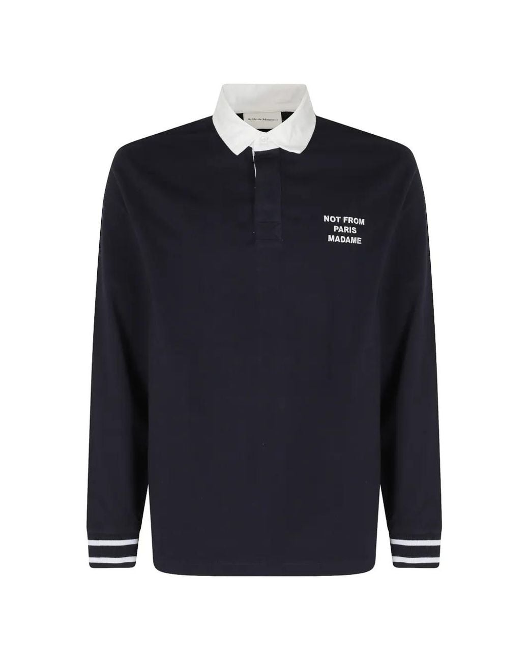 Drole de Monsieur Blue Slogan-Print Long-Sleeved Polo Shirt for men