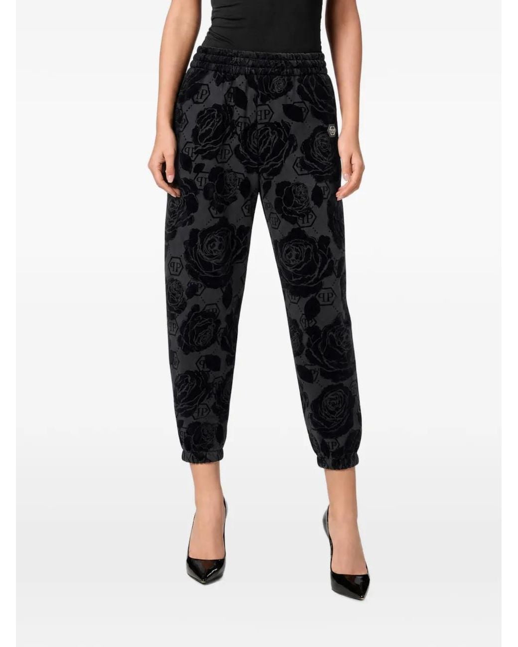 Philipp Plein Black Jogging Pants Flock Flower Monogram