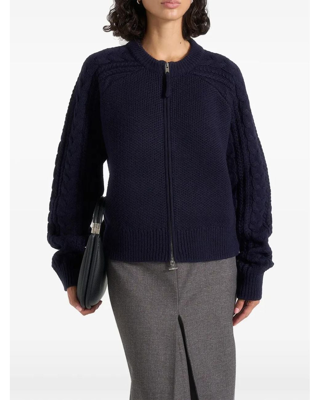 Manière De Voir Blue Cardigan Gaby En Maille Torsadée De Laine Mélangée Marine À Manches Raglan