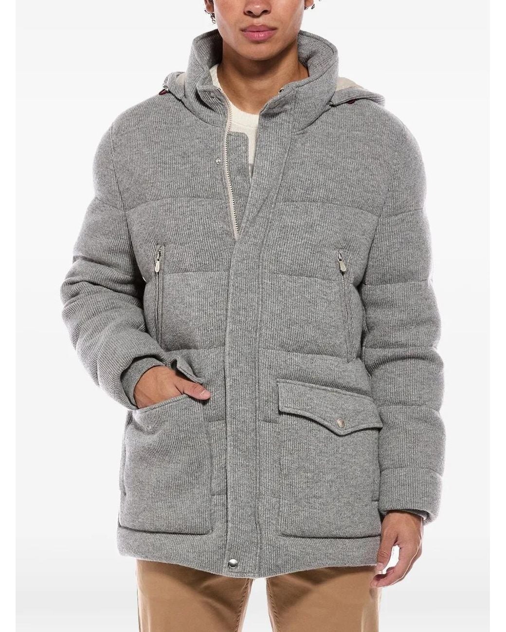 Brunello Cucinelli Gray Ribbed-Knit Padded Jacket for men
