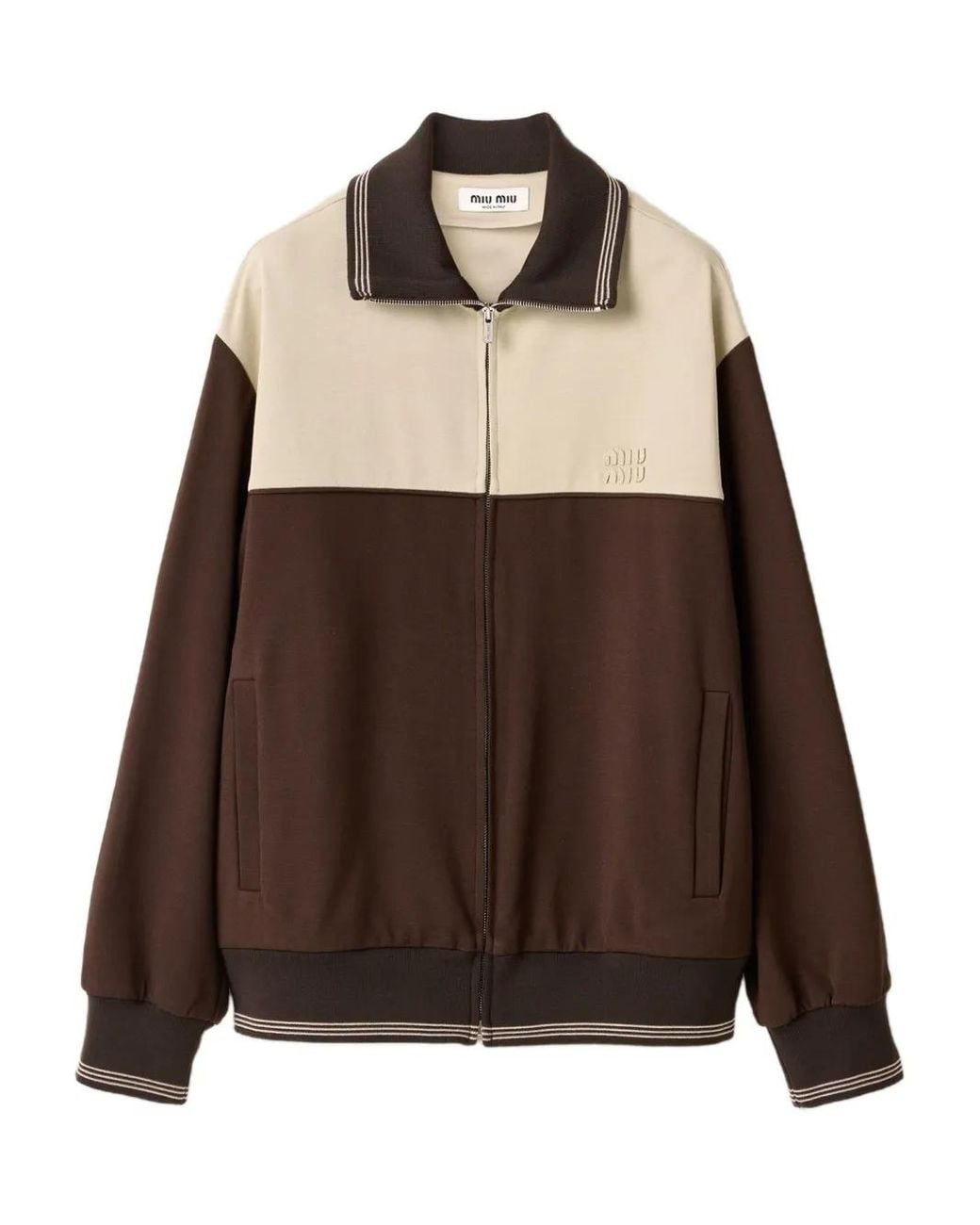Miu Miu Brown Knitted-Cuffs Zip-Front Sweatshirt