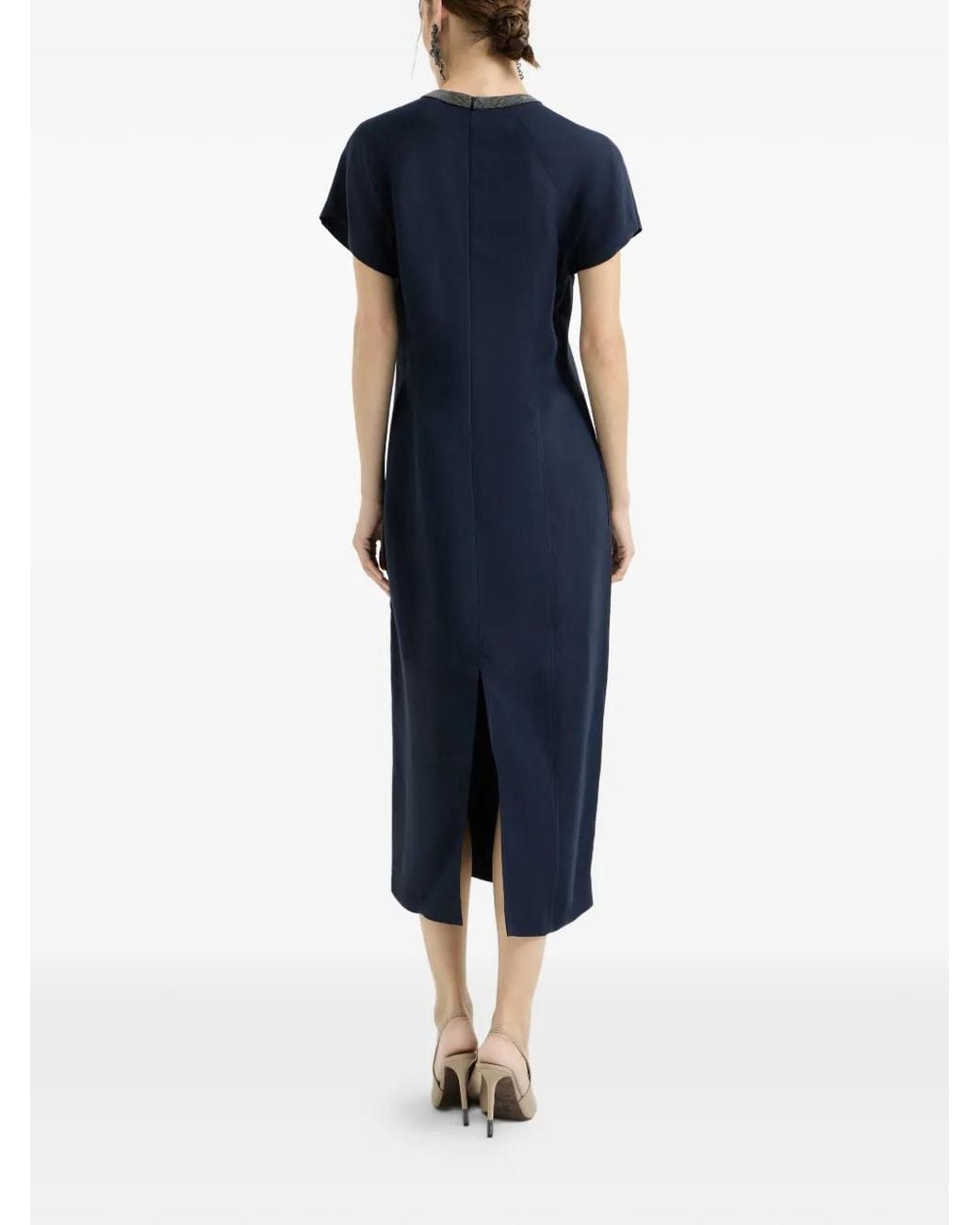 Brunello Cucinelli Blue Embellishement-Collar Midi Dress