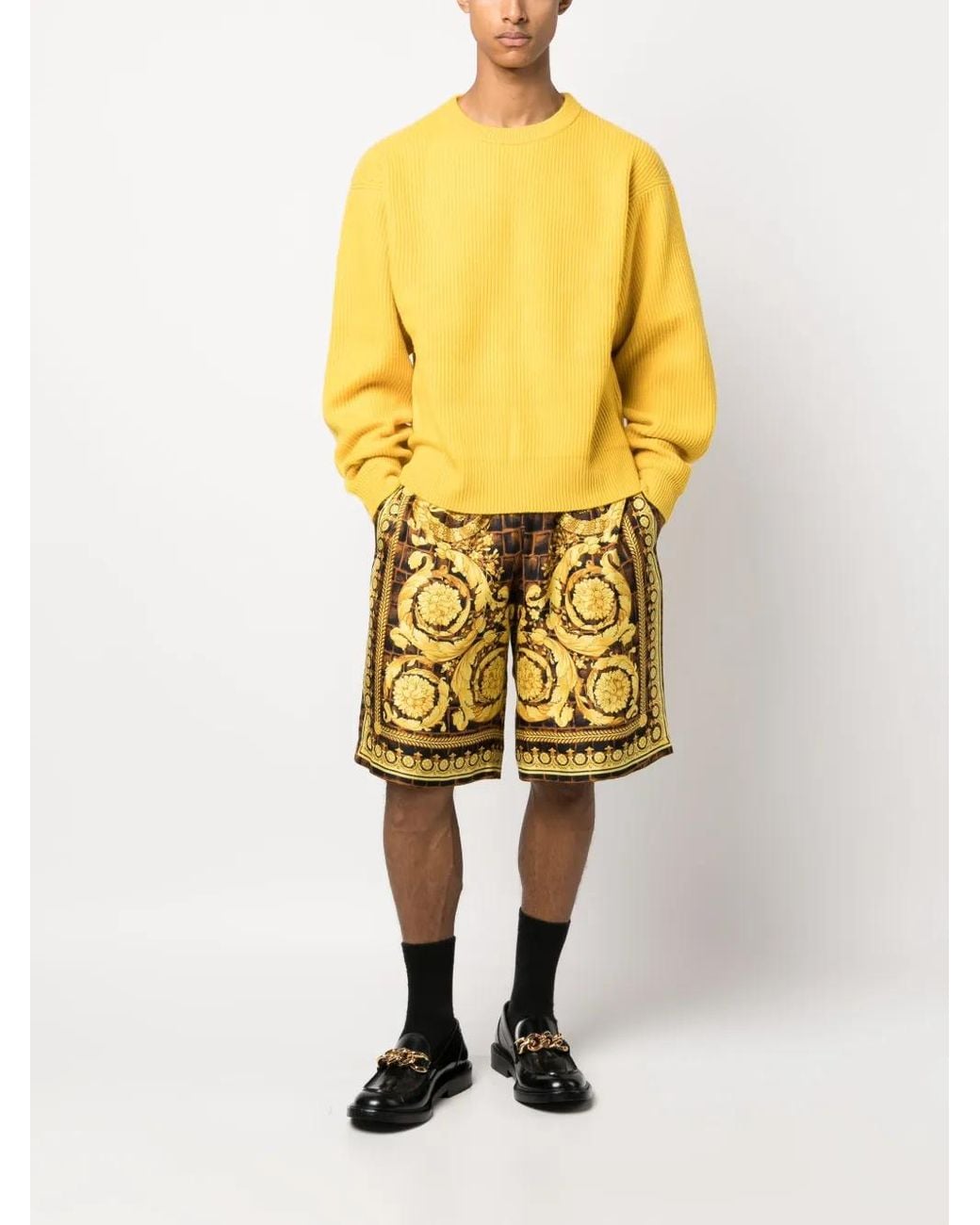 Versace Yellow Barocco-Print Silk Shorts With-Tone Accents for men