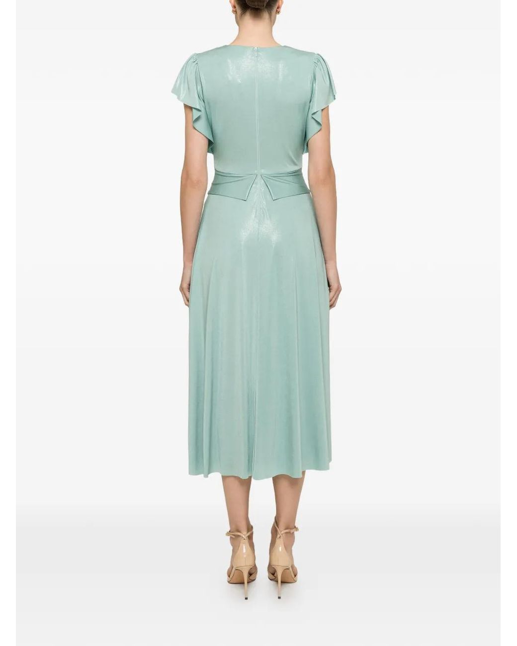 Nissa Green Glossy-Effect Ruffled Midi Dress