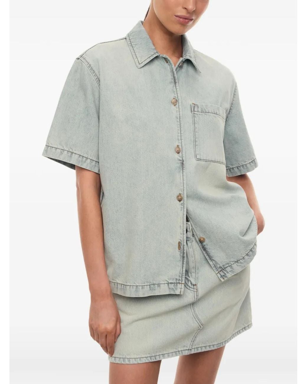 12 STOREEZ Blue Bowling Denim Shirt