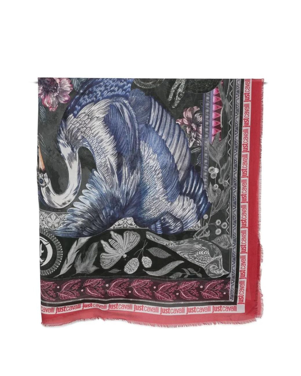 Just Cavalli Blue Bird-Print Frayed Scarf