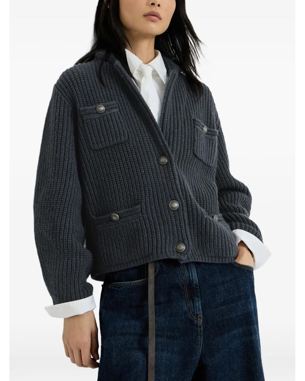 Brunello Cucinelli Blue Cashmere Feather Yarn English Rib Cardigan