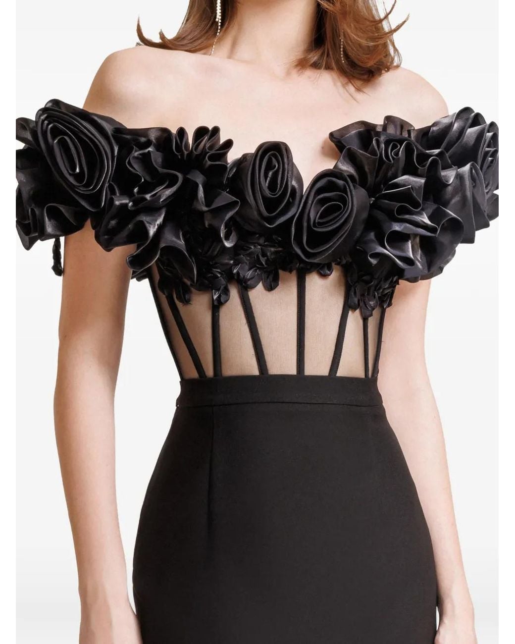 Gemy Maalouf Black Floral-Appliqué Corset Top