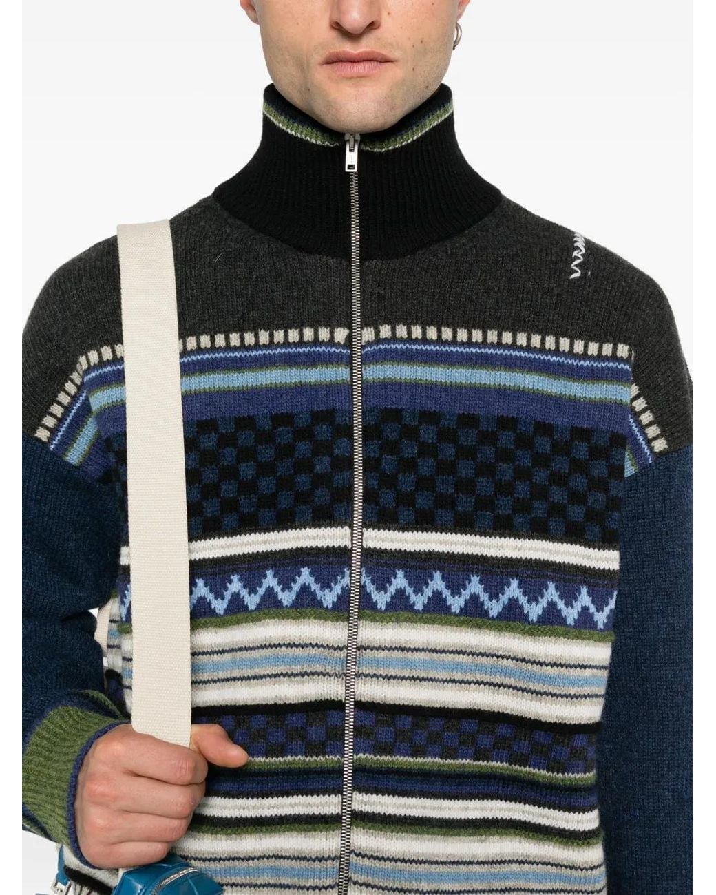 Marni Blue Striped Zip-Up Cardigan for men