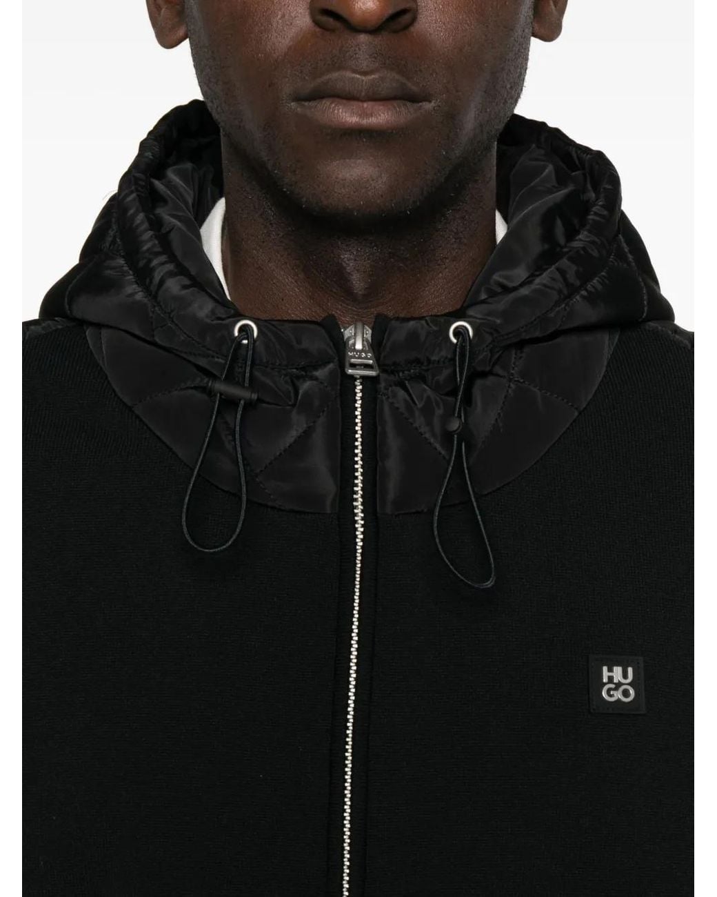 HUGO Black Quilted-Pockets Hooded Jacket for men