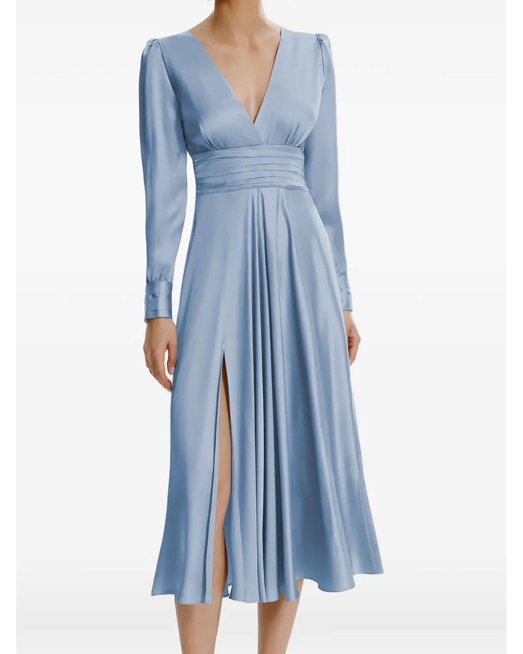 Framboise Blue Ruched-Waist Long-Sleeve Midi Dress