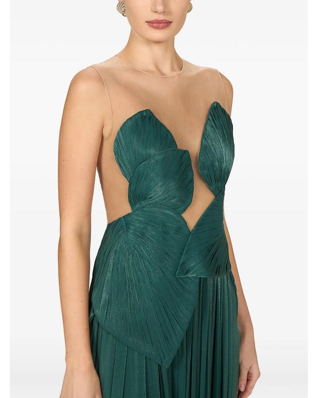 Costarellos Green Serenne Illusion-Neckline, Pleated Gown