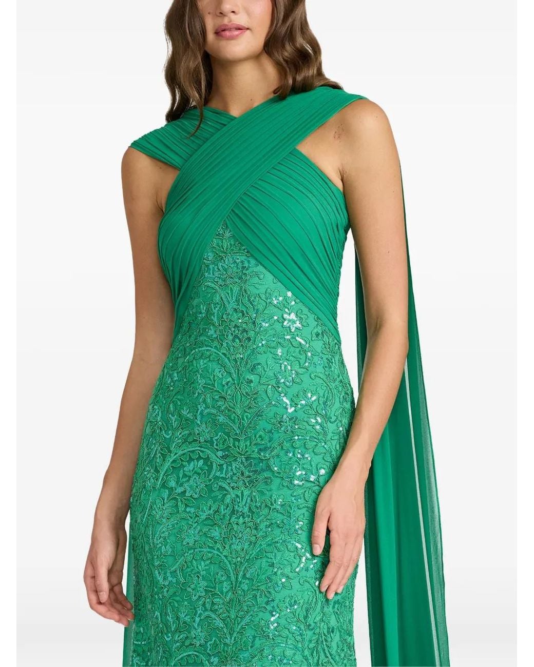 Tadashi Shoji Green Sequin-Embellished Cape-Sleeve Dress