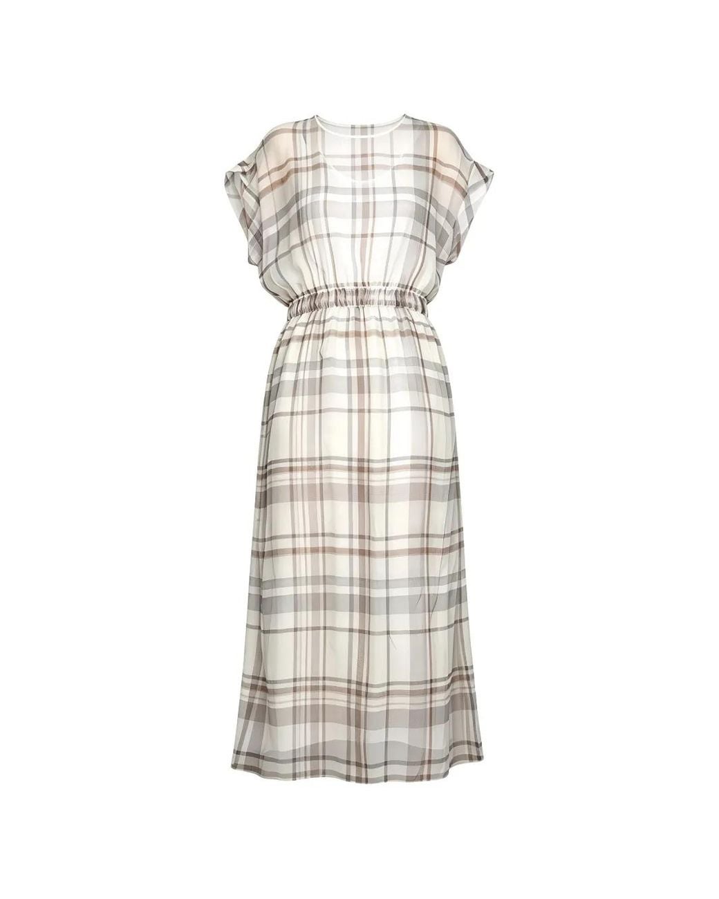 Brunello Cucinelli White Check-Print Midi Dress