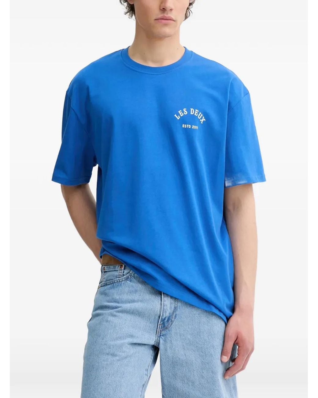 Les Deux Blue Logo-Print Crew-Neck T-Shirt for men