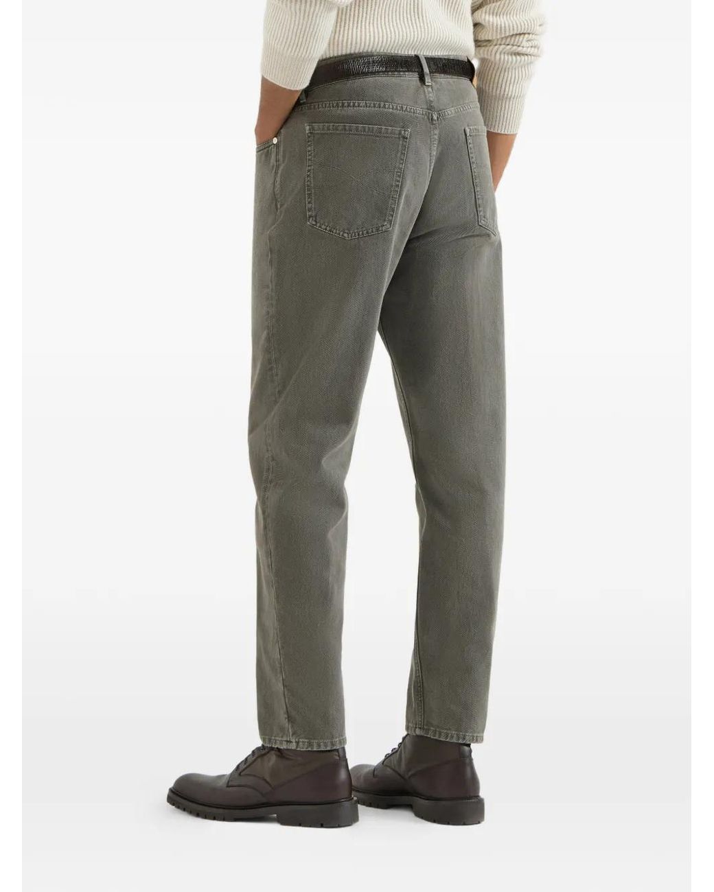 Brunello Cucinelli Gray Garment-Dyed Denim Iconic Fit Five-Pocket Trousers for men