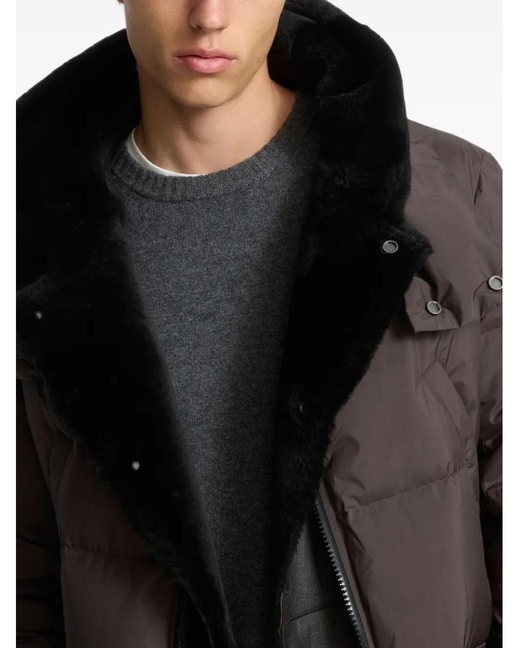 Yves Salomon Brown Shearling-Bib Hooded Down Jacket for men