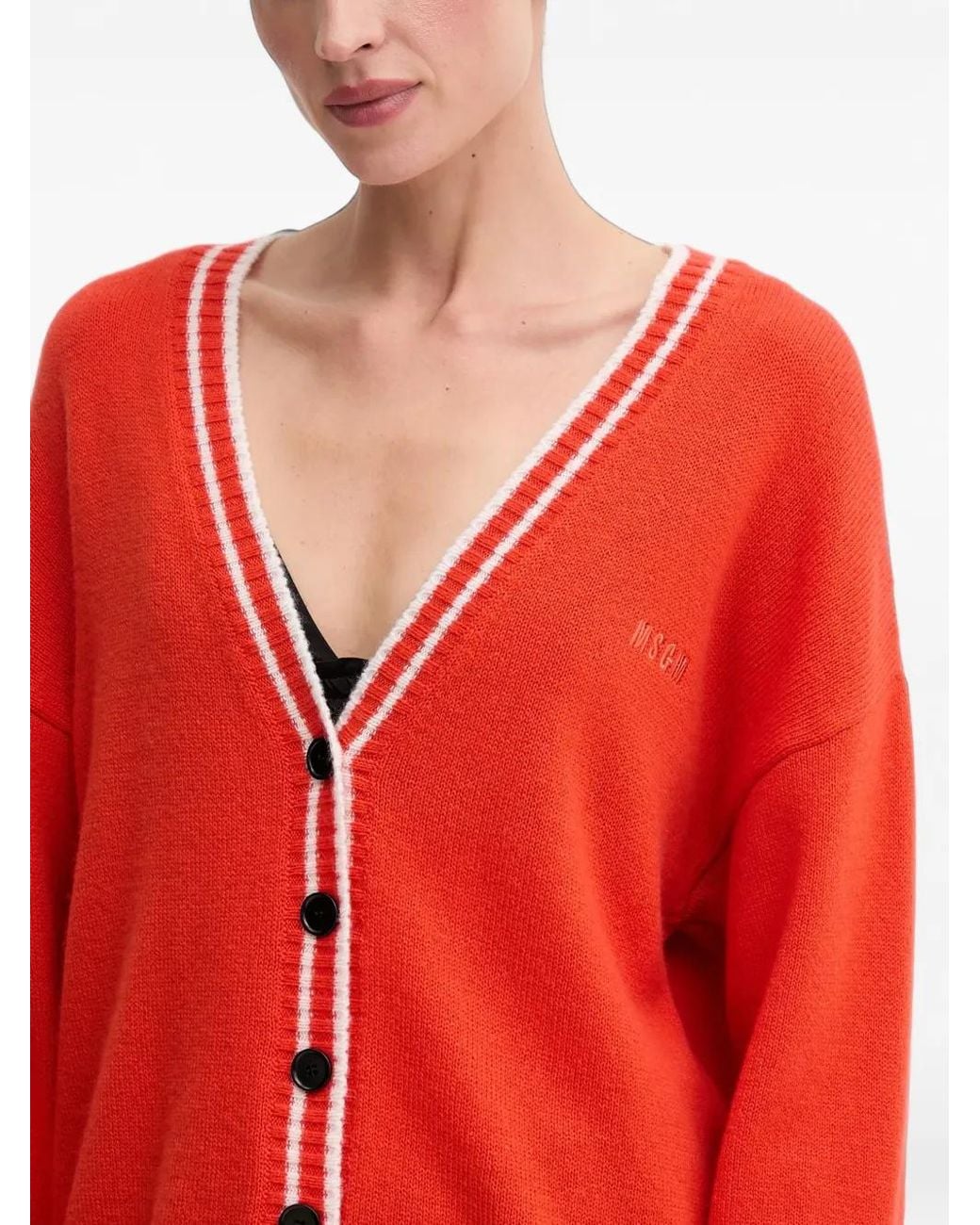 MSGM Red Striped V-Neck Cardigan