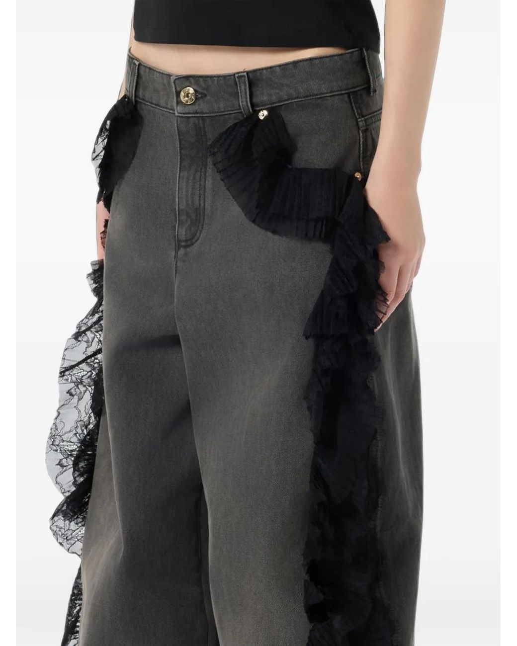 Blumarine Black Lace-Trim Ruffled Jeans
