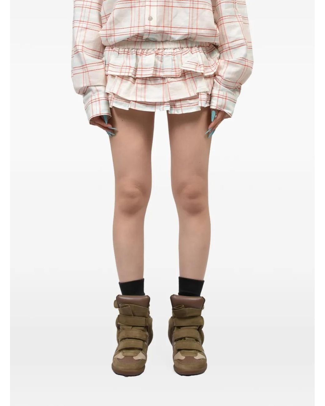 GIMAGUAS White Jardin Check-Pattern Tiered Shorts