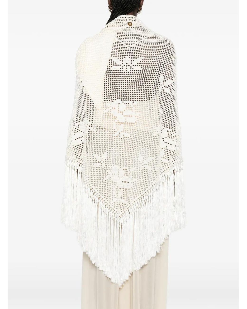 Chiara Is White Scialle Rosa Crochet Fringed Poncho