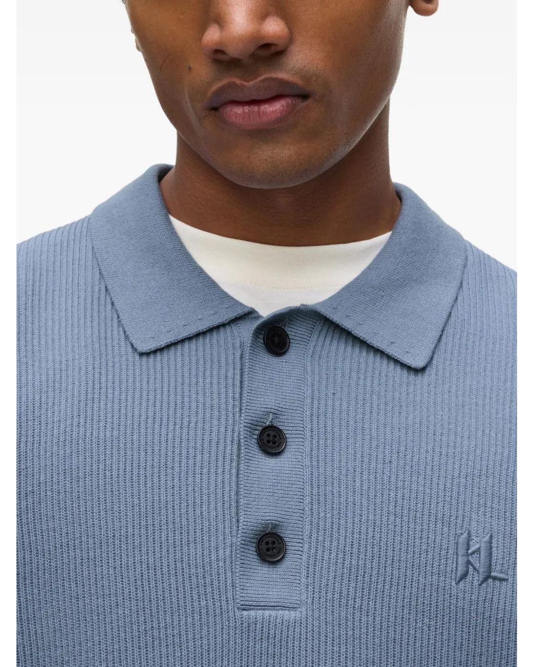 Karl Lagerfeld Blue Rib Knit Long-Sleeved Polo Shirt for men