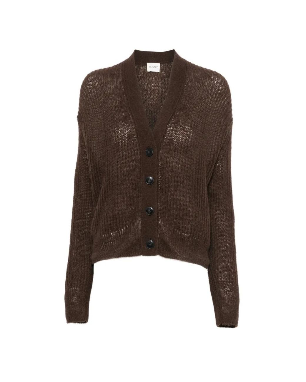 Closed Brown Ribbed-Knit V-Neck Cardigan