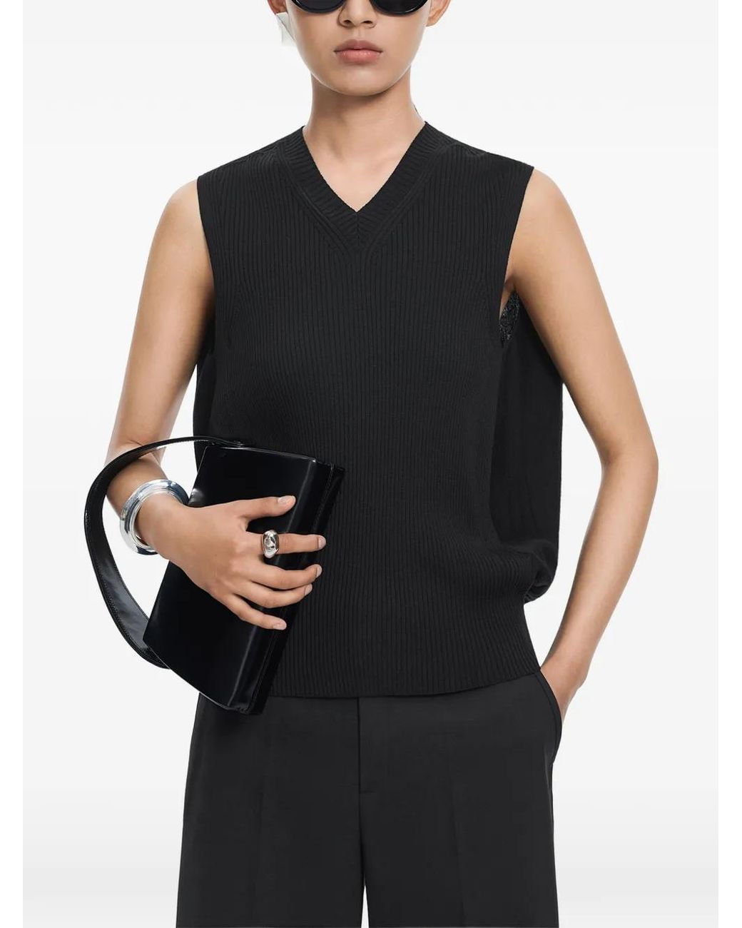 JNBY Black V-Neck Ribbed Vest