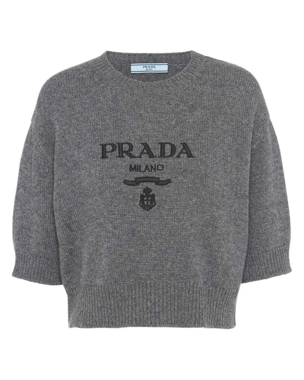 Prada Logo-Intarsia Cropped Wool Sweater in Grey | Lyst UK Prada Logo-Intarsia Cropped Wool Sweater in Grey | Lyst UK
