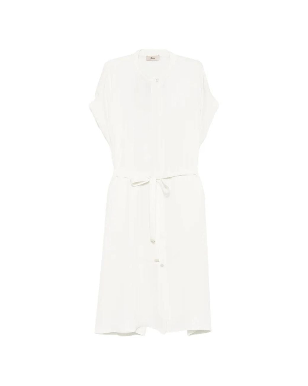 Herno White Band-Collar Short-Sleeve Midi Dress
