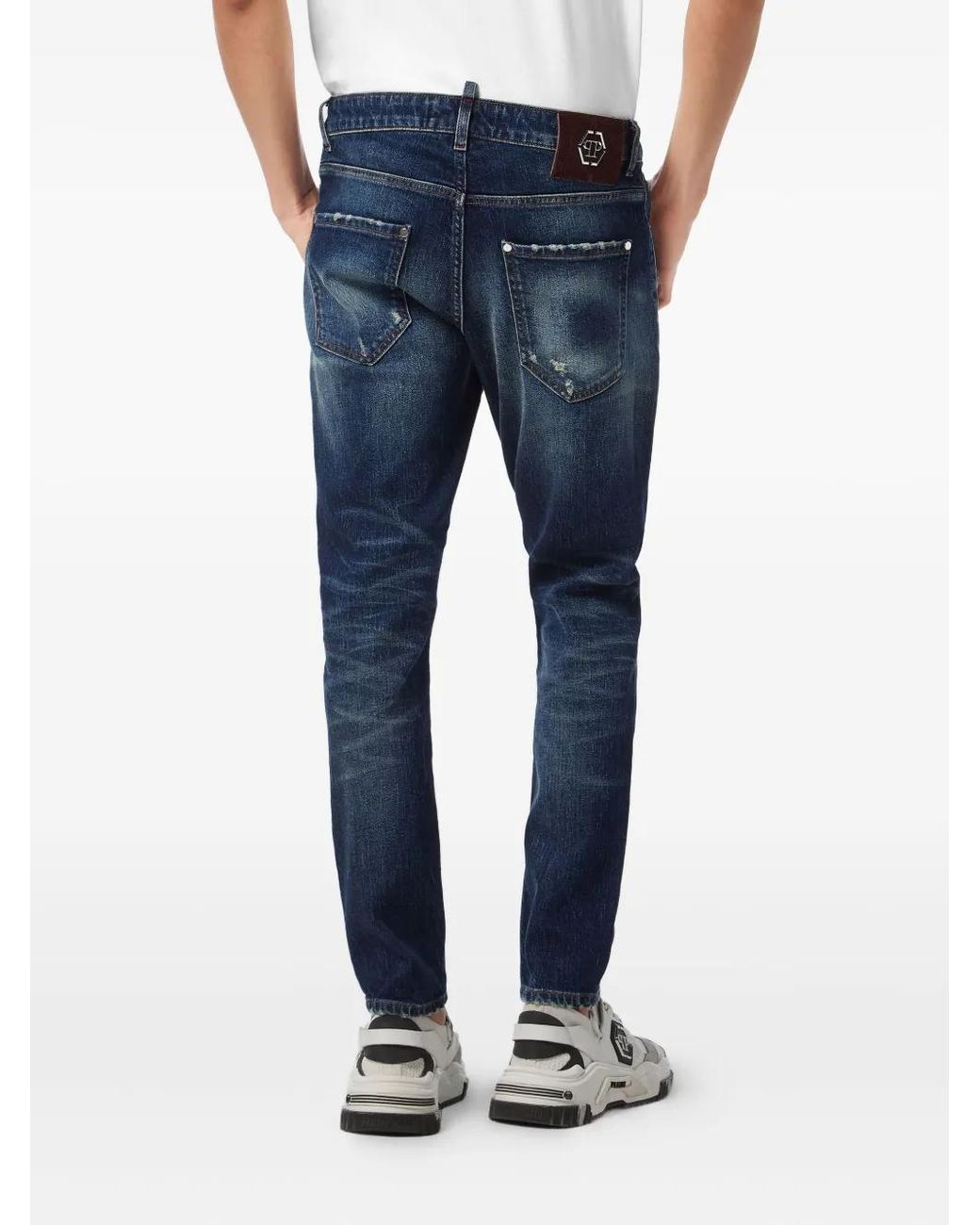 Philipp Plein Blue Distressed Logo-Plaque Jeans for men