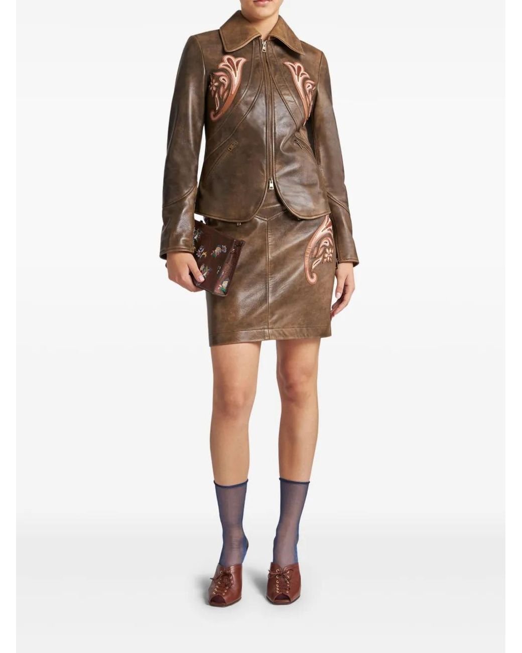 Etro Brown Leather Jacket With Inlays