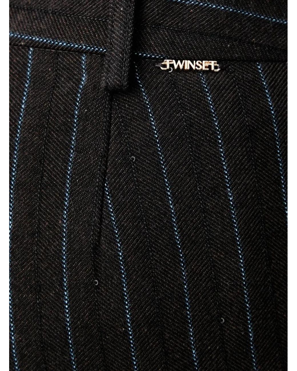 Twinset Black Pinstripe Herringbone-Pattern Trousers