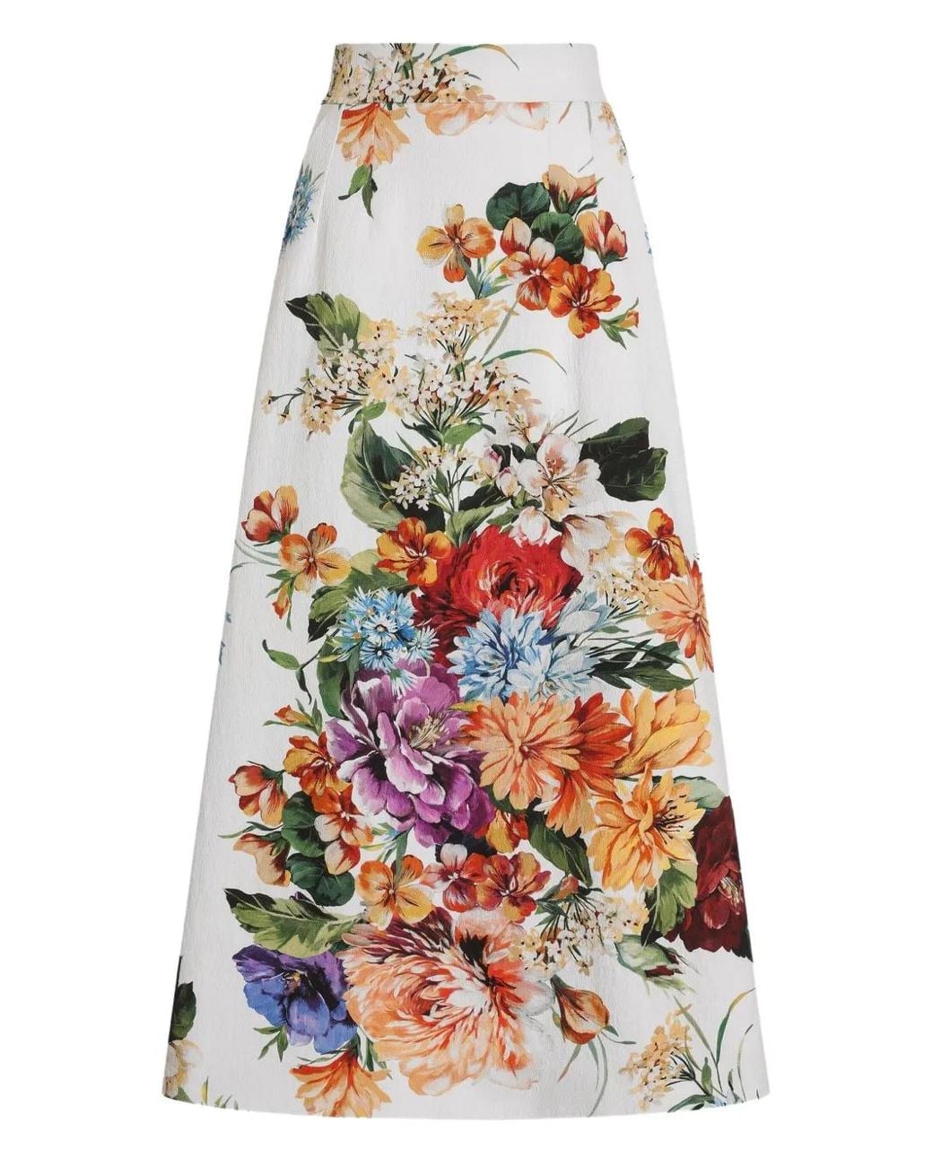 Dolce & Gabbana White Flower Bouquet Print Midi Skirt