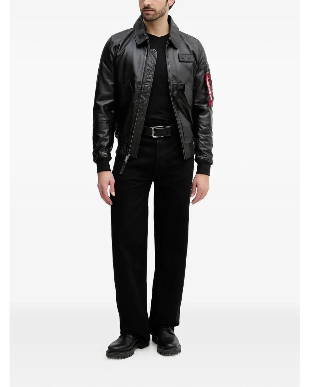 Alpha Industries Black Logo-Patch Leather Jacket for men