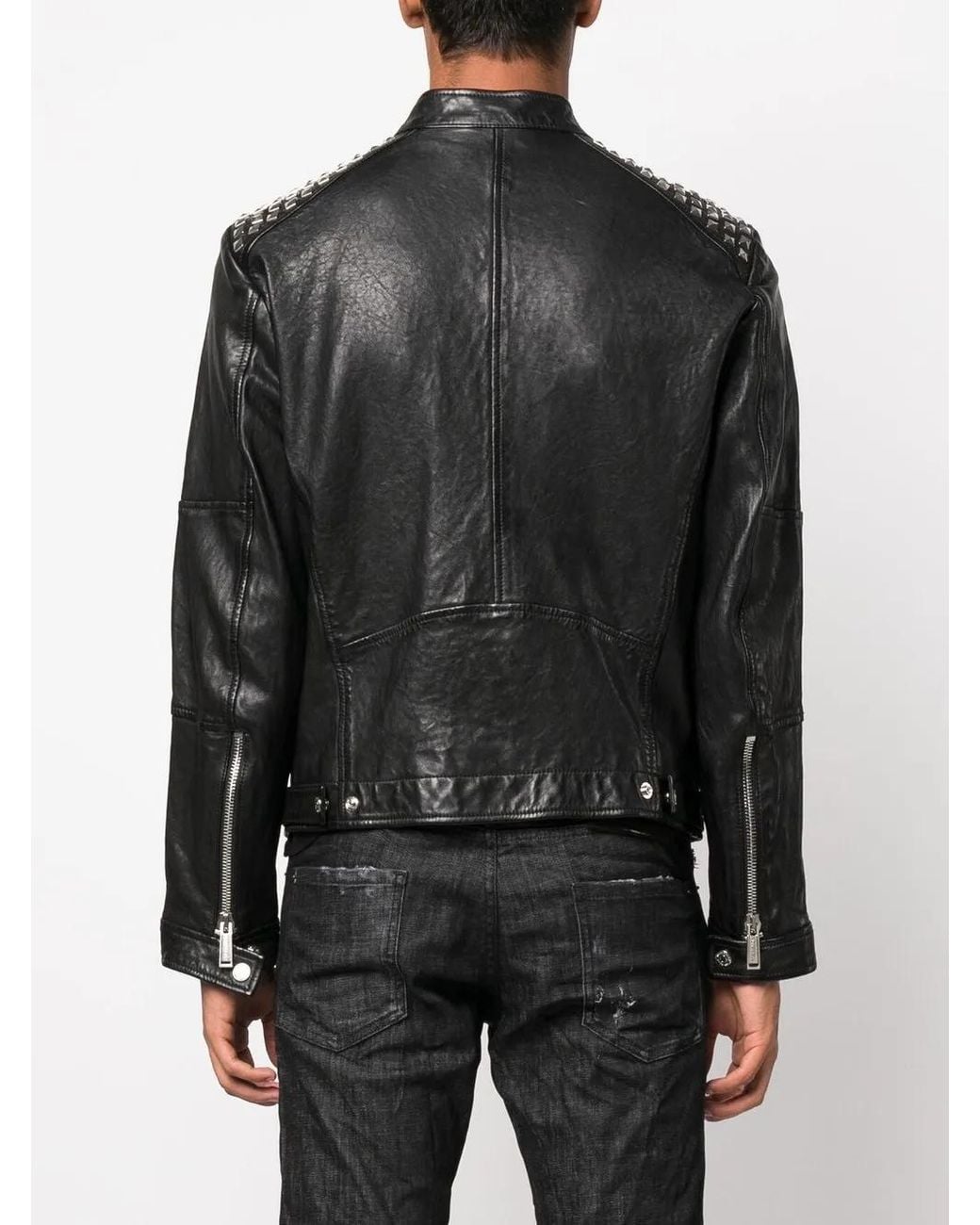 DSquared² Black Studded Leather Biker Jacket for men