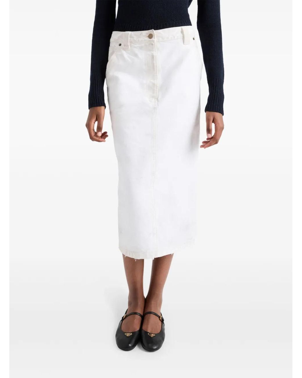 Prada White Canvas Pencil Midi Skirt - Women's - Cotton