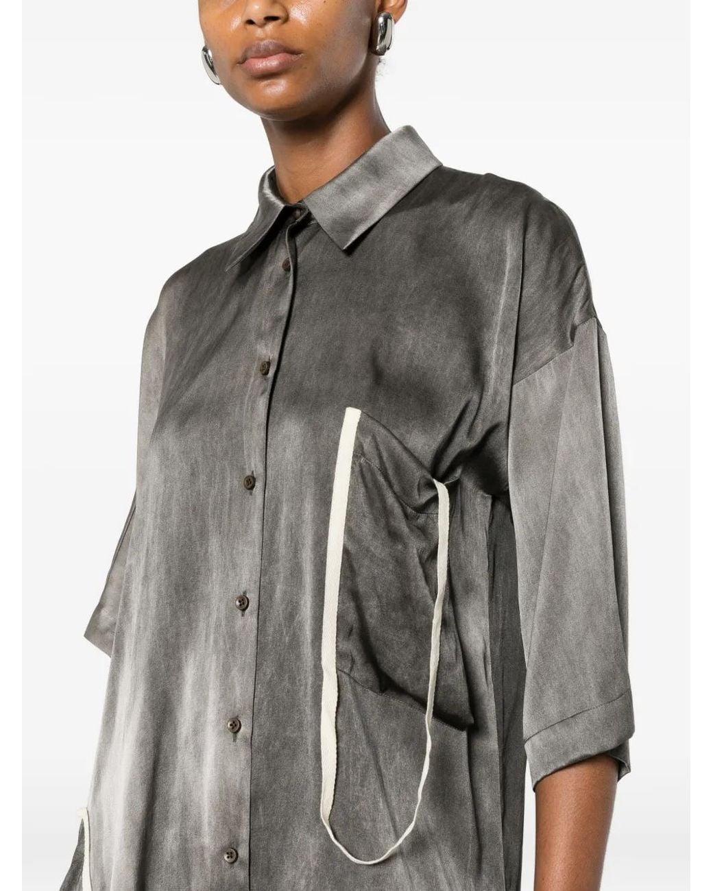 Uma Wang Gray Asymmetric-Hem Short-Sleeve Shirt