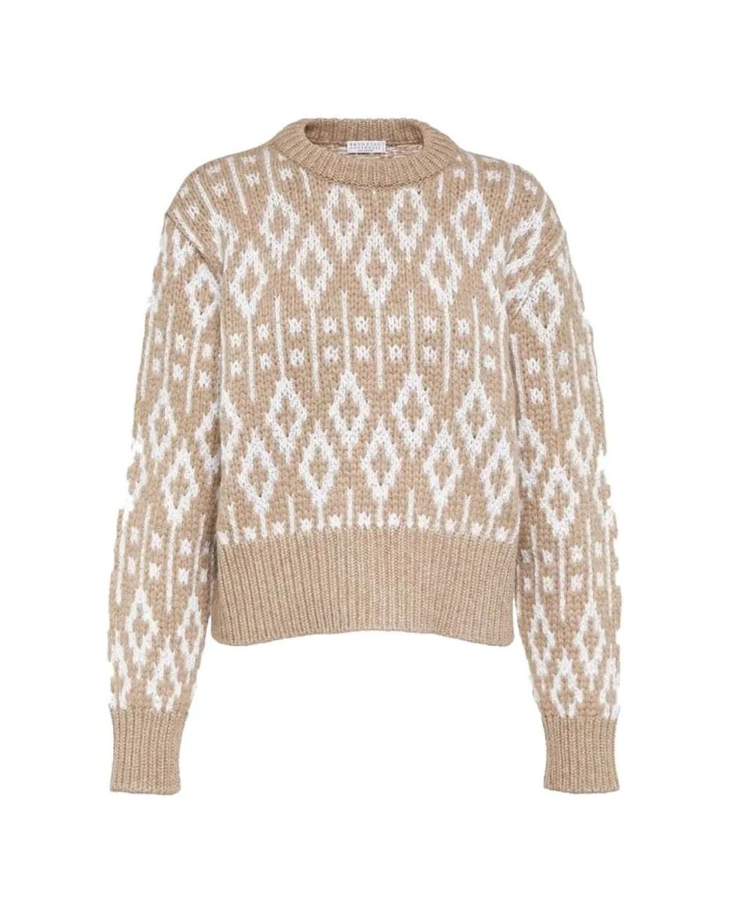 Brunello Cucinelli Natural Geometric-Intarsia Cashmere Sweater