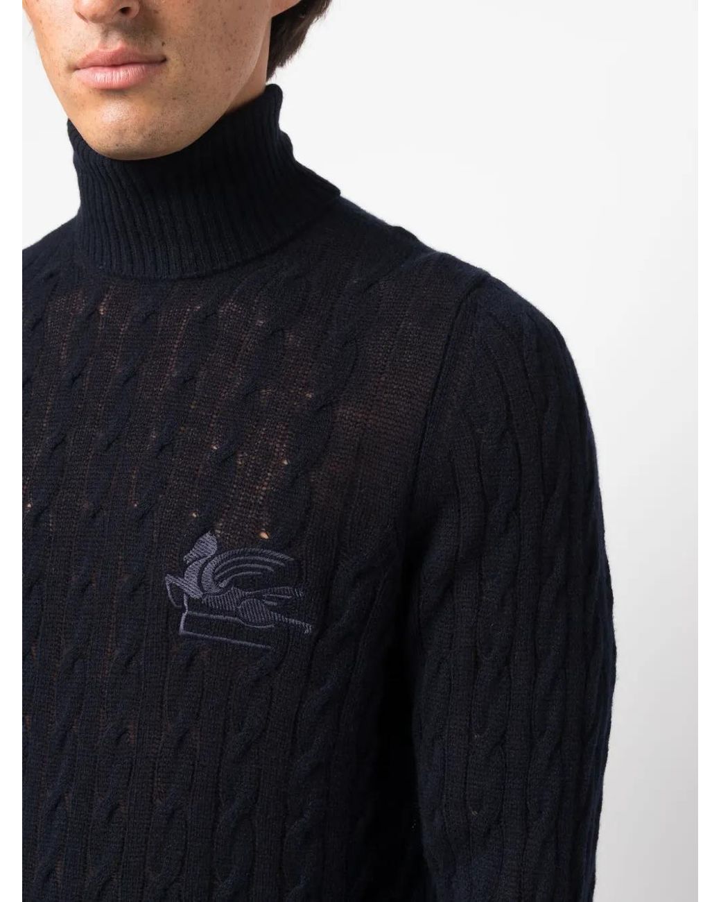 Etro Blue Roll-Neck Cashmere Cable-Knit Jumper for men