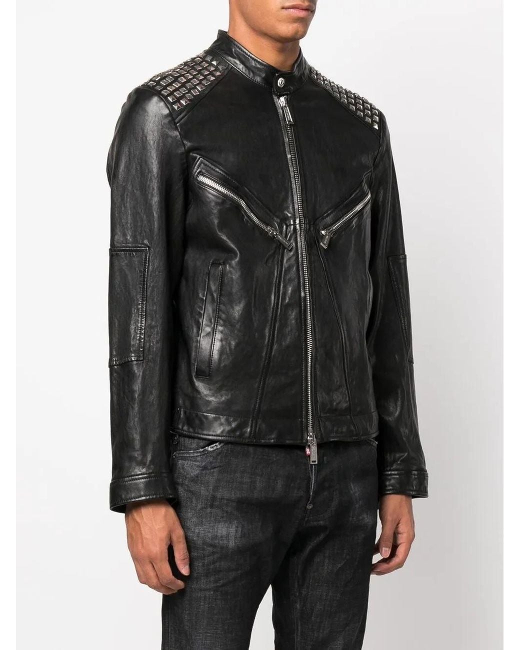 DSquared² Black Studded Leather Biker Jacket for men