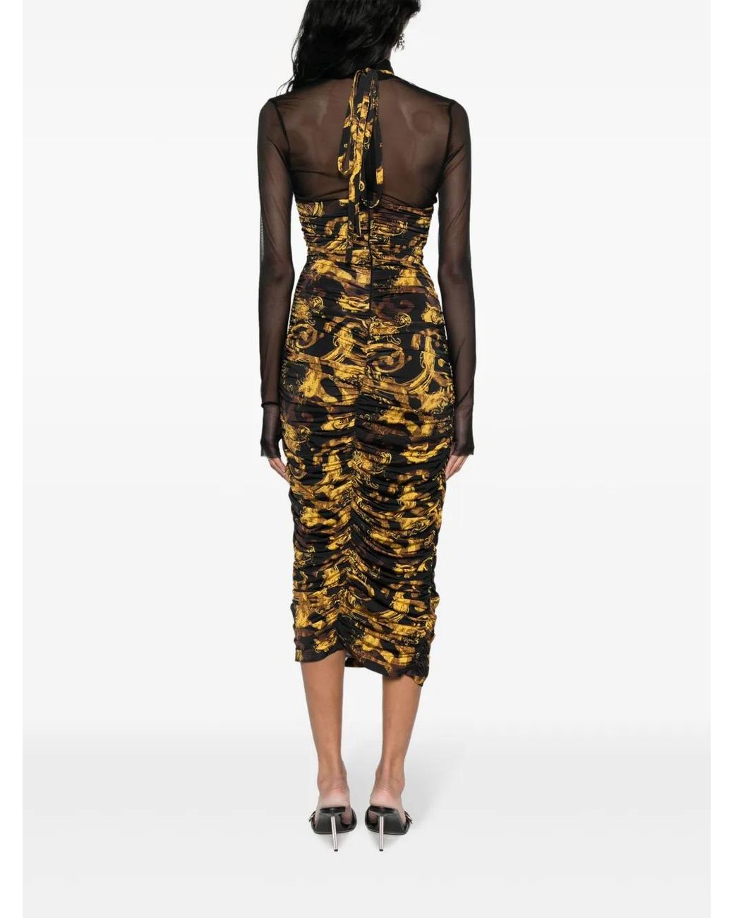 Versace Jeans Couture Black Barocco-Print Ruched Midi Dress