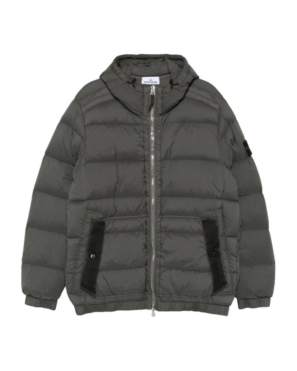 Stone Island Gray Quilted Hooded Down Jacket With Distinctive Patch Logo for men