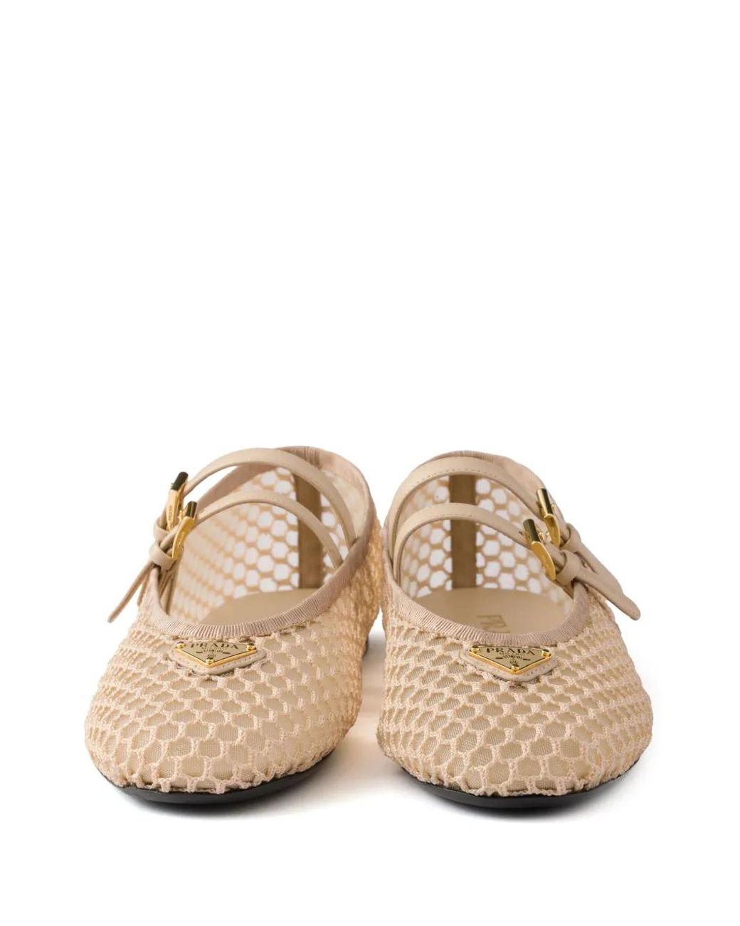 Prada Natural Triangle-Logo Mesh Ballet Flats