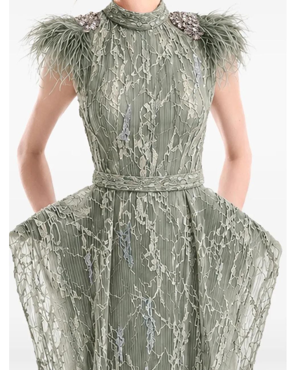 Gemy Maalouf Green Feather-Trim Lace-Overlay Dress