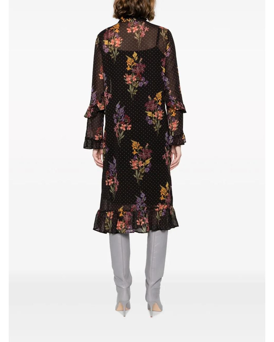 Twinset Black Double-Layer Floral-Print Midi Dress